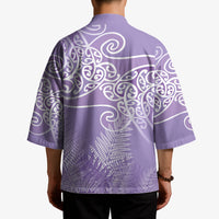 Aotearoa Maori Koru Curves Kimono Silver Ferns - Amethyst LT7 - Polynesian Pride