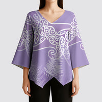 Aotearoa Maori Koru Curves Kimono Sleeve Blouse Silver Ferns - Amethyst LT7 - Polynesian Pride