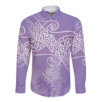Aotearoa Maori Koru Curves Long Sleeve Button Shirt Silver Ferns - Amethyst LT7 Unisex Purple - Polynesian Pride
