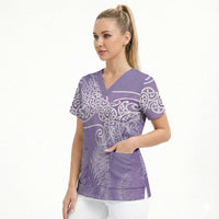 Aotearoa Maori Koru Curves Scrub Top Silver Ferns - Amethyst LT7 - Polynesian Pride