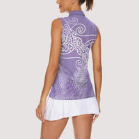 Aotearoa Maori Koru Curves Women Sleeveless Polo Shirt Silver Ferns - Amethyst LT7 - Polynesian Pride