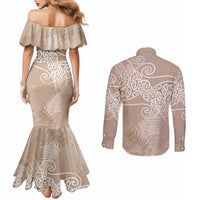 Aotearoa Maori Koru Curves Couples Matching Mermaid Dress and Long Sleeve Button Shirt Silver Ferns - Mocha LT7 - Polynesian Pride