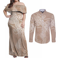 Aotearoa Maori Koru Curves Couples Matching Off Shoulder Maxi Dress and Long Sleeve Button Shirt Silver Ferns - Mocha LT7 Beige - Polynesian Pride