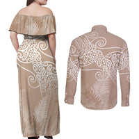 Aotearoa Maori Koru Curves Couples Matching Off Shoulder Maxi Dress and Long Sleeve Button Shirt Silver Ferns - Mocha LT7 - Polynesian Pride