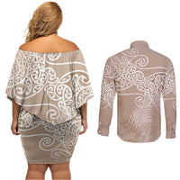 Aotearoa Maori Koru Curves Couples Matching Off Shoulder Short Dress and Long Sleeve Button Shirt Silver Ferns - Mocha LT7 - Polynesian Pride