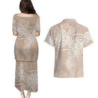 Aotearoa Maori Koru Curves Couples Matching Puletasi and Hawaiian Shirt Silver Ferns - Mocha LT7 - Polynesian Pride