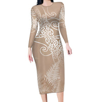 Aotearoa Maori Koru Curves Family Matching Long Sleeve Bodycon Dress and Hawaiian Shirt Silver Ferns - Mocha