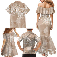 Aotearoa Maori Koru Curves Family Matching Mermaid Dress and Hawaiian Shirt Silver Ferns - Mocha