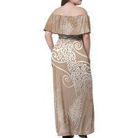Aotearoa Maori Koru Curves Family Matching Off Shoulder Maxi Dress and Hawaiian Shirt Silver Ferns - Mocha