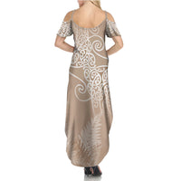 Aotearoa Maori Koru Curves Family Matching Summer Maxi Dress and Hawaiian Shirt Silver Ferns - Mocha