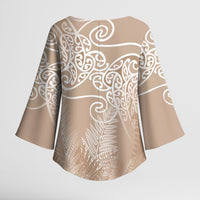 Aotearoa Maori Koru Curves Kimono Sleeve Blouse Silver Ferns - Mocha LT7 - Polynesian Pride