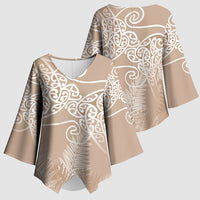 Aotearoa Maori Koru Curves Kimono Sleeve Blouse Silver Ferns - Mocha LT7 - Polynesian Pride