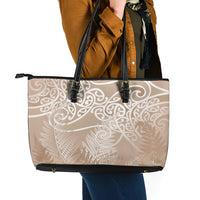 Aotearoa Maori Koru Curves Leather Tote Bag Silver Ferns - Mocha LT7 - Polynesian Pride