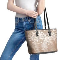 Aotearoa Maori Koru Curves Leather Tote Bag Silver Ferns - Mocha LT7 - Polynesian Pride
