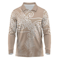 Aotearoa Maori Koru Curves Long Sleeve Polo Shirt Silver Ferns - Mocha LT7 Beige - Polynesian Pride