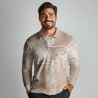 Aotearoa Maori Koru Curves Long Sleeve Polo Shirt Silver Ferns - Mocha LT7 - Polynesian Pride