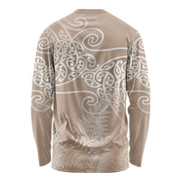 Aotearoa Maori Koru Curves Long Sleeve Shirt Silver Ferns - Mocha LT7 - Polynesian Pride