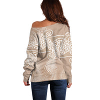 Aotearoa Maori Koru Curves Off Shoulder Sweater Silver Ferns - Mocha LT7 - Polynesian Pride