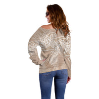 Aotearoa Maori Koru Curves Off Shoulder Sweater Silver Ferns - Mocha LT7 - Polynesian Pride