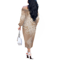 Aotearoa Maori Koru Curves Off The Shoulder Long Sleeve Dress Silver Ferns - Mocha LT7 - Polynesian Pride