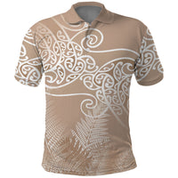 Aotearoa Maori Koru Curves Polo Shirt Silver Ferns - Mocha LT7 Beige - Polynesian Pride