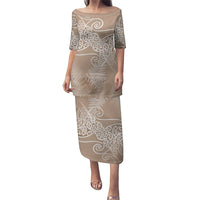 Aotearoa Maori Koru Curves Puletasi Silver Ferns - Mocha LT7 Long Dress Beige - Polynesian Pride