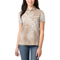 Aotearoa Maori Koru Curves Women Polo Shirt Silver Ferns - Mocha LT7 - Polynesian Pride