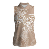 Aotearoa Maori Koru Curves Women Sleeveless Polo Shirt Silver Ferns - Mocha LT7 Female Beige - Polynesian Pride