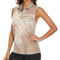 Aotearoa Maori Koru Curves Women Sleeveless Polo Shirt Silver Ferns - Mocha LT7 - Polynesian Pride