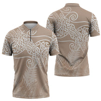 Aotearoa Maori Koru Curves Zipper Polo Shirt Silver Ferns - Mocha LT7 - Polynesian Pride