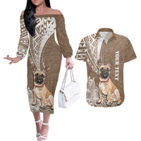 Personalised Polynesian Pacific Bulldog Couples Matching Off The Shoulder Long Sleeve Dress and Hawaiian Shirt With Brown Hawaii Tribal Tattoo Patterns LT7 Brown - Polynesian Pride