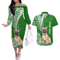 Personalised Polynesian Pacific Bulldog Couples Matching Off The Shoulder Long Sleeve Dress and Hawaiian Shirt With Emerald Hawaii Tribal Tattoo Patterns LT7 Green - Polynesian Pride