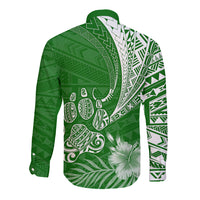 Personalised Polynesian Pacific Bulldog Long Sleeve Button Shirt With Emerald Hawaii Tribal Tattoo Patterns LT7 - Polynesian Pride