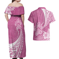 Personalised Polynesian Pacific Bulldog Couples Matching Off Shoulder Maxi Dress and Hawaiian Shirt With Pink Hawaii Tribal Tattoo Patterns LT7 - Polynesian Pride