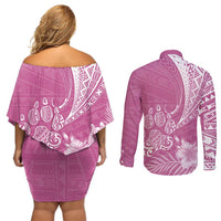 Personalised Polynesian Pacific Bulldog Couples Matching Off Shoulder Short Dress and Long Sleeve Button Shirts With Pink Hawaii Tribal Tattoo Patterns LT7 - Polynesian Pride
