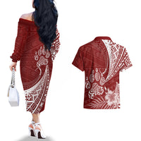 Personalised Polynesian Pacific Bulldog Couples Matching Off The Shoulder Long Sleeve Dress and Hawaiian Shirt With Red Hawaii Tribal Tattoo Patterns LT7 - Polynesian Pride