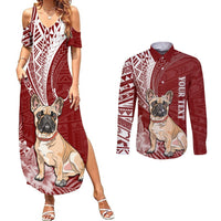 Personalised Polynesian Pacific Bulldog Couples Matching Summer Maxi Dress and Long Sleeve Button Shirts With Red Hawaii Tribal Tattoo Patterns LT7 Red - Polynesian Pride