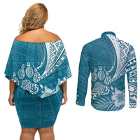 Personalised Polynesian Pacific Bulldog Couples Matching Off Shoulder Short Dress and Long Sleeve Button Shirts With Teal Hawaii Tribal Tattoo Patterns LT7 - Polynesian Pride