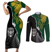Personalised New Zealand Vs South Africa Rugby Couples Matching Short Sleeve Bodycon Dress and Long Sleeve Button Shirts Rivals Dynamics LT7 Black Green - Polynesian Pride