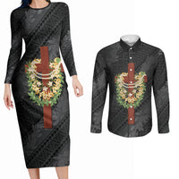 Hawaii Ka Pule a ka Haku Memorial Couples Matching Long Sleeve Bodycon Dress and Long Sleeve Button Shirt Flower Lei Cross - Black LT7 Black - Polynesian Pride