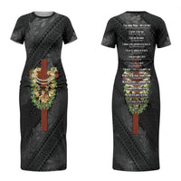 Hawaii Ka Pule a ka Haku Memorial Couples Matching Short Sleeve Bodycon Dress and Long Sleeve Button Shirt Flower Lei Cross - Black LT7 - Polynesian Pride
