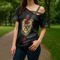 Hawaii Ka Pule a ka Haku Memorial Cross Shoulder Shirt Flower Lei Cross - Black LT7 - Polynesian Pride