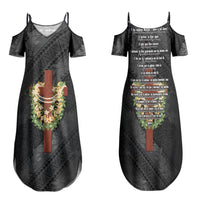 Hawaii Ka Pule a ka Haku Memorial Family Matching Summer Maxi Dress and Hawaiian Shirt Flower Lei Cross - Black LT7 Mom's Dress Black - Polynesian Pride