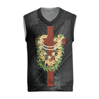 Hawaii Ka Pule a ka Haku Memorial Christmas Knitted V-Neck Vest Flower Lei Cross - Black