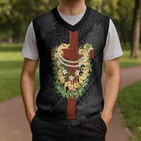 Hawaii Ka Pule a ka Haku Memorial Christmas Knitted V-Neck Vest Flower Lei Cross - Black