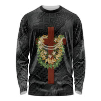 Hawaii Ka Pule a ka Haku Memorial Long Sleeve Shirt Flower Lei Cross - Black LT7 Unisex Black - Polynesian Pride