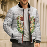 Hawaii Ka Pule a ka Haku Memorial Bomber Puffer Jacket Flower Lei Cross - Ivory White