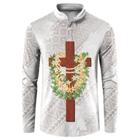 Hawaii Ka Pule a ka Haku Memorial Button Sweatshirt Flower Lei Cross - Ivory White