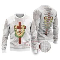 Hawaii Ka Pule a ka Haku Memorial Ugly Christmas Sweater Flower Lei Cross - Ivory White