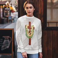 Hawaii Ka Pule a ka Haku Memorial Ugly Christmas Sweater Flower Lei Cross - Ivory White